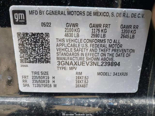 3GNAXUEV3NL239894 Chevrolet Equinox Awd Lt