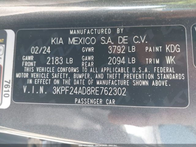 3KPF24AD8RE762302 KIA Forte Lxs