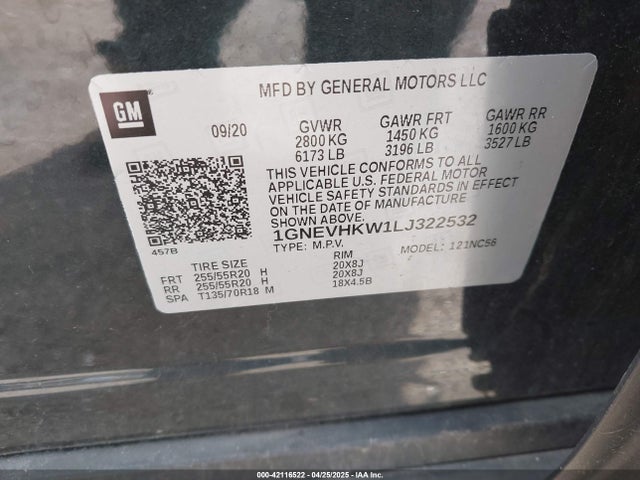 1GNEVHKW1LJ322532 Chevrolet Traverse Awd Lt Leather