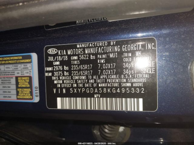 5XYPGDA58KG495332 KIA Sorento 3.3l Lx