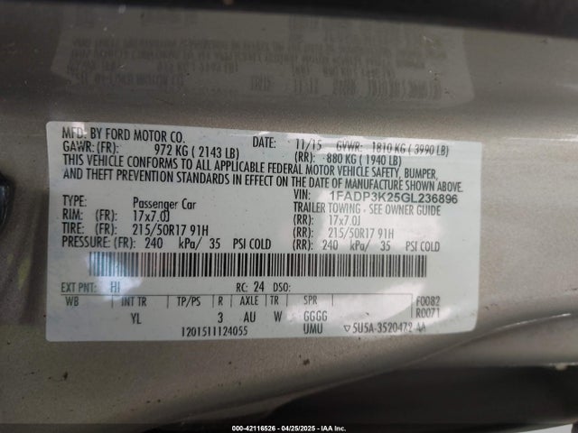 Продаж на аукціоні авто 2016 Ford Focus Se, vin: 1FADP3K25GL236896, номер лоту: 42116526