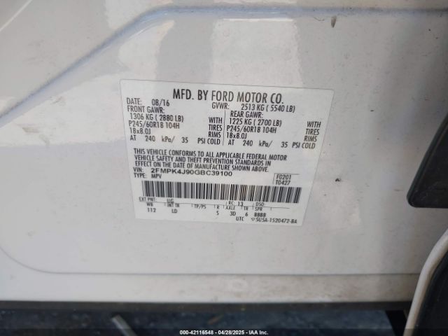 2FMPK4J90GBC39100 Ford EDGE SEL