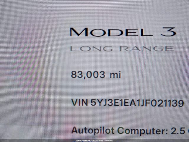 5YJ3E1EA1JF021139 Tesla Model 3 Long Range/mid Range