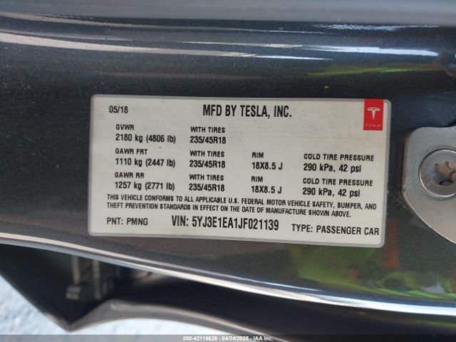5YJ3E1EA1JF021139 Tesla Model 3 Long Range/mid Range