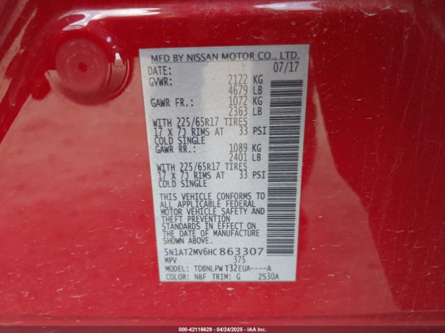 5N1AT2MV6HC863307 Nissan ROGUE S