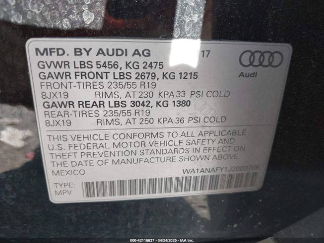 WA1ANAFY1J2003708 Audi Q5 2.0t Premium/2.0t Tech Premium