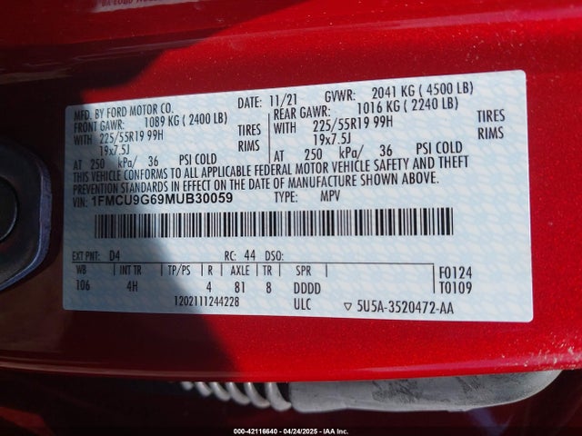 1FMCU9G69MUB30059 Ford ESCAPE SE