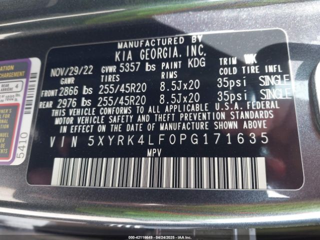 5XYRK4LF0PG171635 KIA SORENTO SX