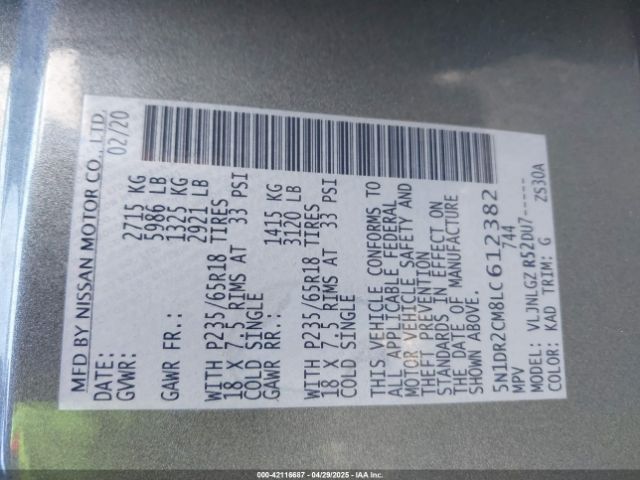 5N1DR2CM8LC612382 Nissan Pathfinder Sl 4wd