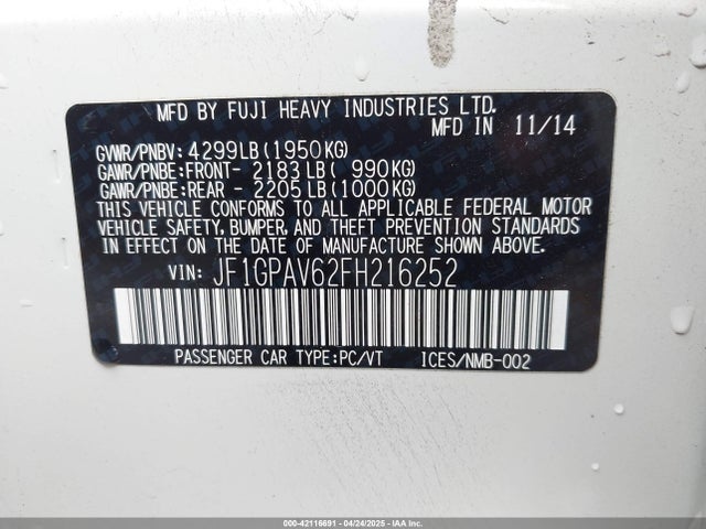 JF1GPAV62FH216252 Subaru 2.0l na