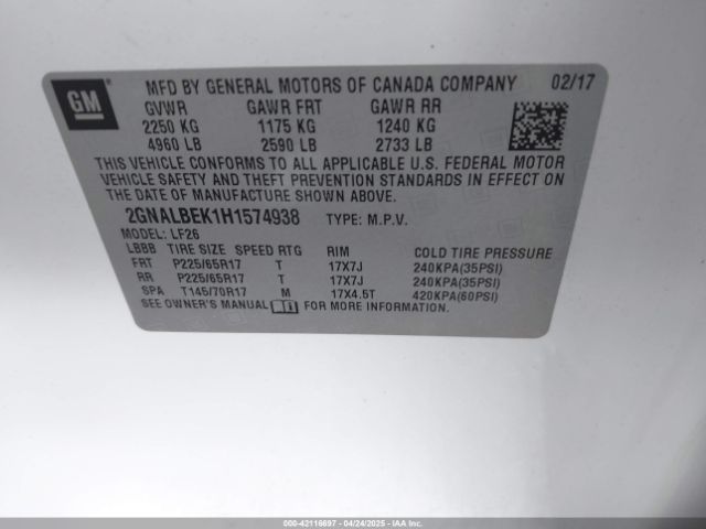 2GNALBEK1H1574938 Chevrolet lea - sidi: spark ignited direct injection, e85 max, alum