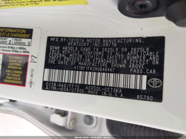 4T1BF1FK2HU646467 Toyota 2ar-fe