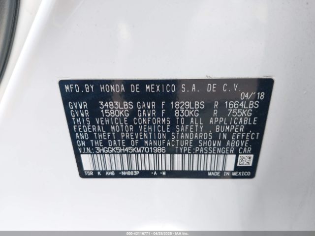 3HGGK5H45KM701986 Honda FIT LX