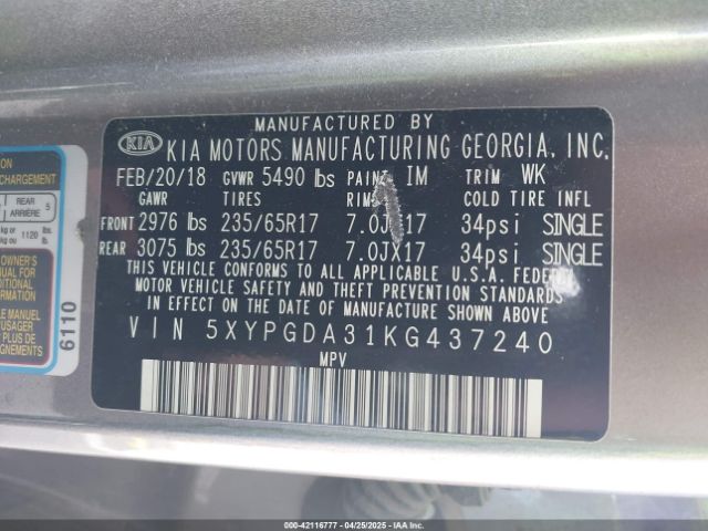 5XYPGDA31KG437240 KIA Sorento 2.4l Lx