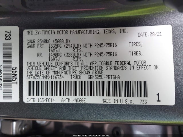 5TFAZ5CN4MX116734 Toyota 2gr-fks