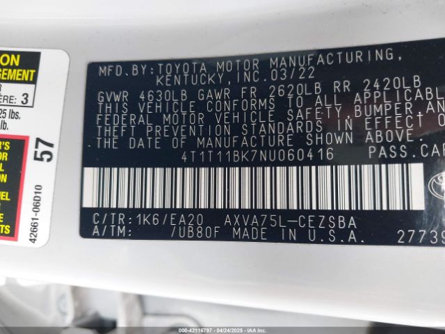 4T1T11BK7NU060416 Toyota Camry Se Awd