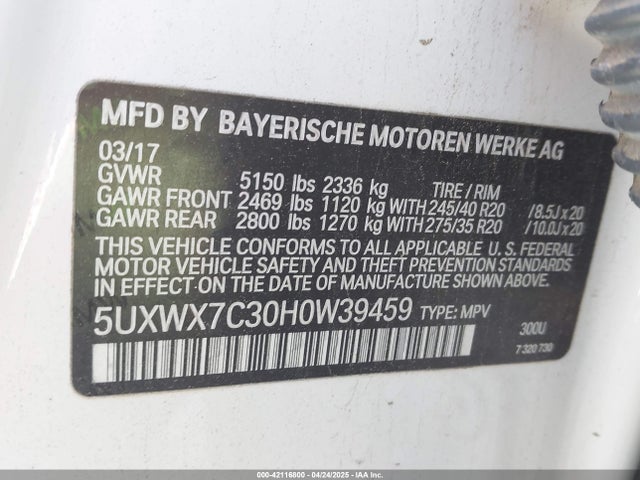 5UXWX7C30H0W39459 BMW X3 Xdrive35i