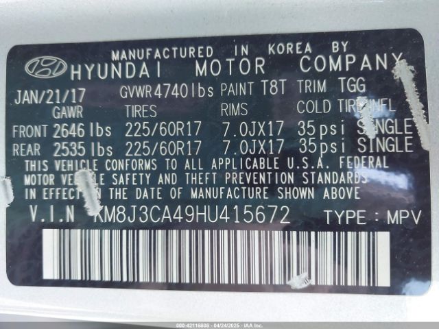 KM8J3CA49HU415672 Hyundai TUCSON SE