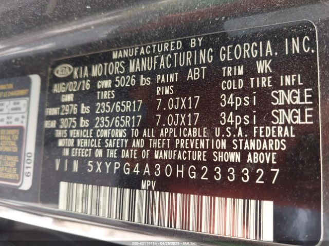 5XYPG4A30HG233327 KIA Sorento 2.4l Lx