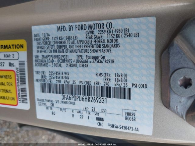 3FA6P0PU6HR269331 Ford Fusion Energi Se Luxury