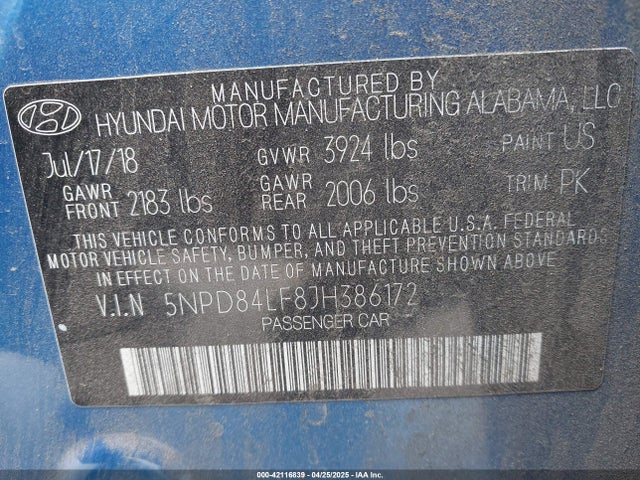 5NPD84LF8JH386172 Hyundai mpi nu
