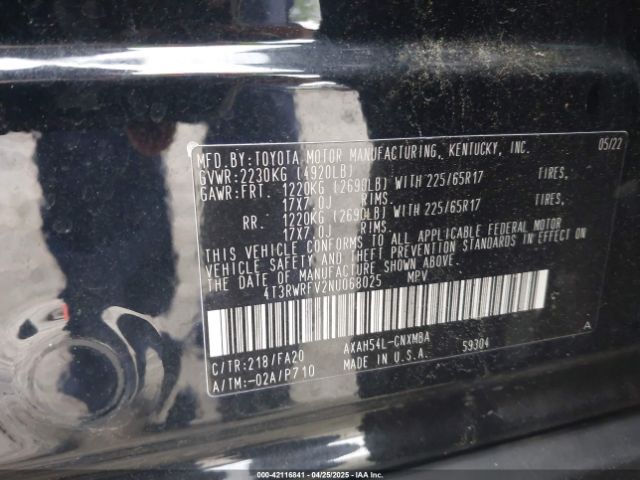 4T3RWRFV2NU068025 Toyota Rav4 Hybrid Xle