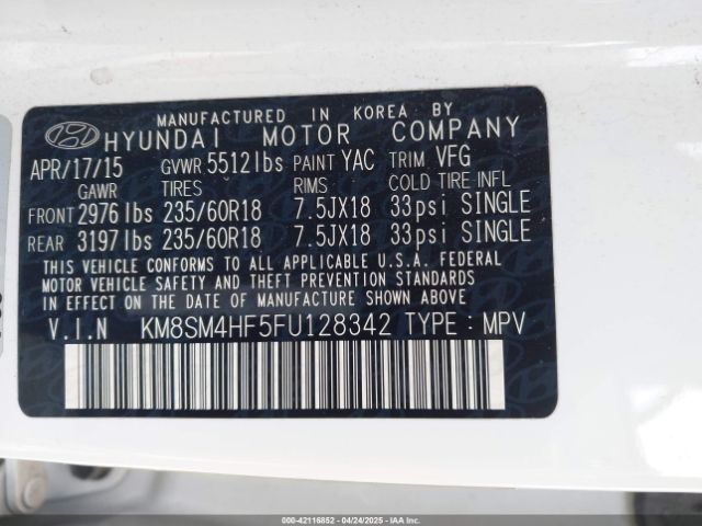 KM8SM4HF5FU128342 Hyundai Santa Fe Gls