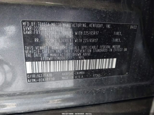 4T3RWRFV9NU063517 Toyota Rav4 Hybrid Xle