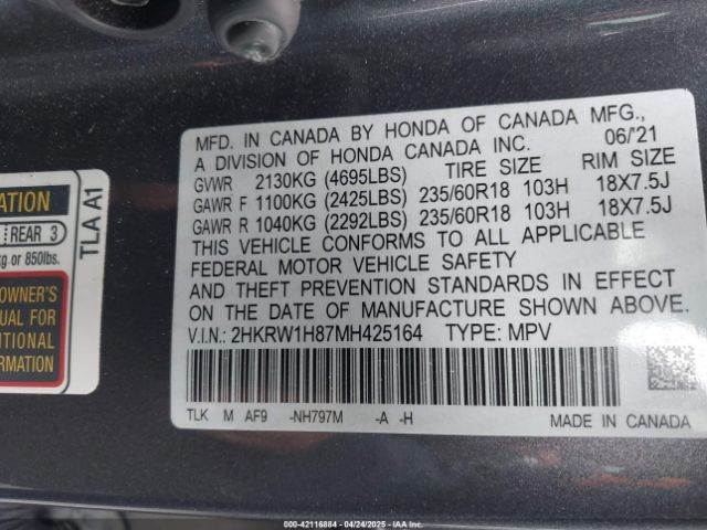 2HKRW1H87MH425164 Honda Cr-v 2wd Ex-l