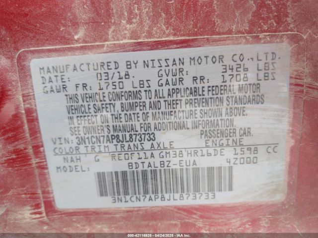 3N1CN7AP8JL873733 Nissan Versa 1.6 Sv