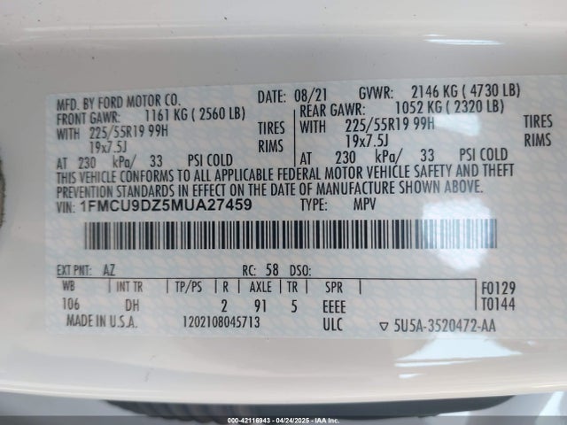 1FMCU9DZ5MUA27459 Ford Escape Titanium Hybrid