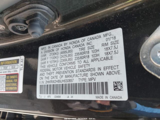 2HKRW2H89JH630857 Honda Cr-v Ex-l/ex-l Navi
