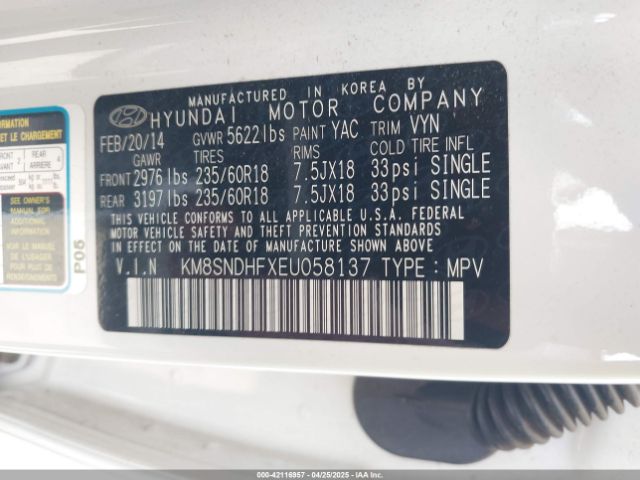 KM8SNDHFXEU058137 Hyundai Santa Fe Limited