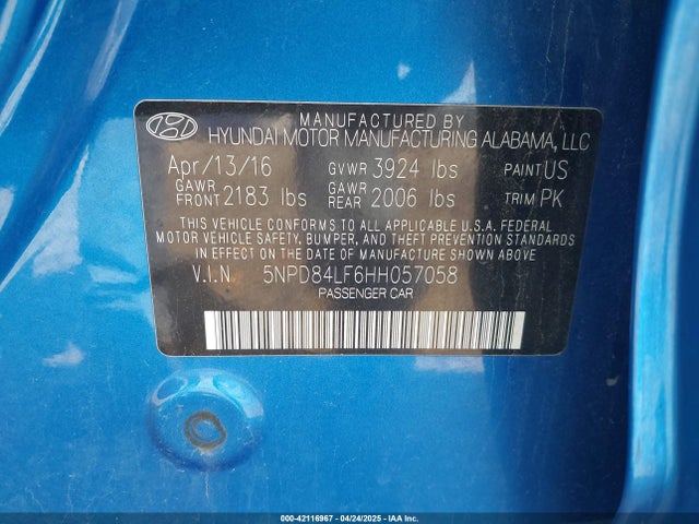 5NPD84LF6HH057058 Hyundai Elantra Limited
