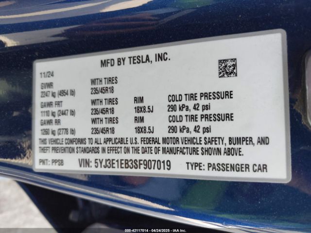2025 TESLA MODEL 3 5YJ3E1EB3SF907019 Photo 8