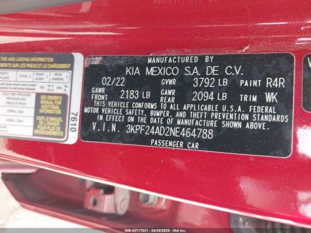 3KPF24AD2NE464788 KIA Forte Lxs