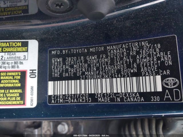2T1BURHE3KC144751 Toyota COROLLA SE