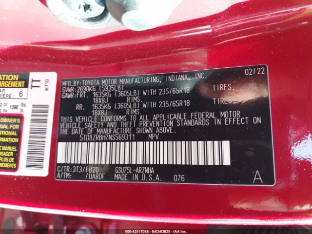 5TDBZRBH7NS569311 Toyota Highlander Le