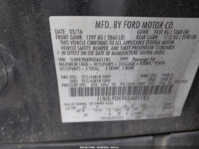 1LNHL9DK9GG601785 Lincoln MKS