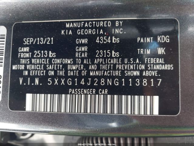 5XXG14J28NG113817 KIA K5 LXS