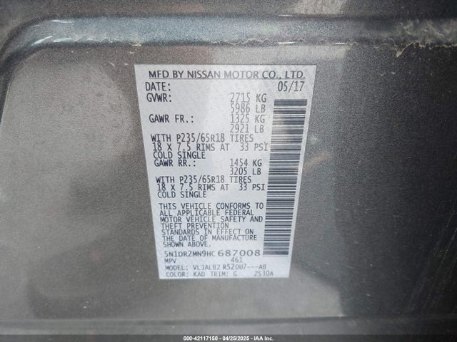 Nissan Pathfinder S 2017 5N1DR2MN9HC687008 Image 9