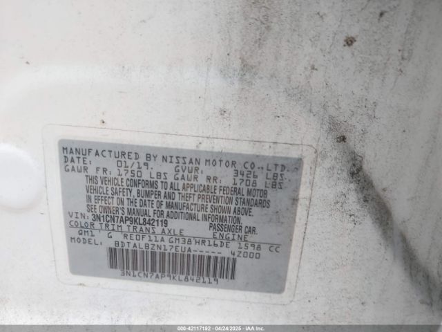 3N1CN7AP9KL842119 Nissan Versa 1.6 Sv
