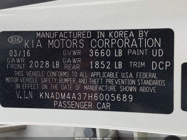 KNADM4A37H6005689 KIA RIO LX