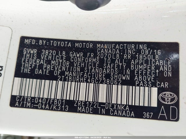 2T1BURHE4GC738062 Toyota COROLLA LE
