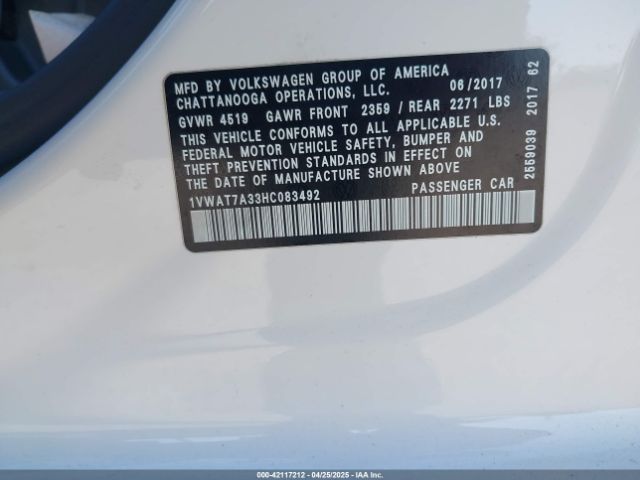 1VWAT7A33HC083492 Volkswagen Passat 1.8t S