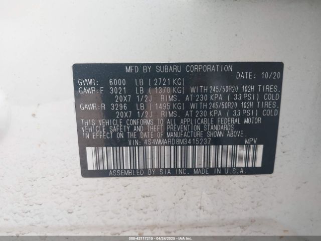 2021 SUBARU ASCENT 4S4WMARD8M3415237 Photo 8