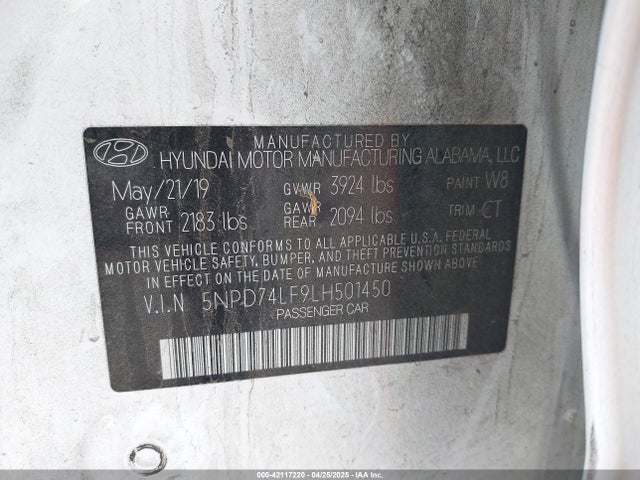 5NPD74LF9LH501450 Hyundai ELANTRA SE