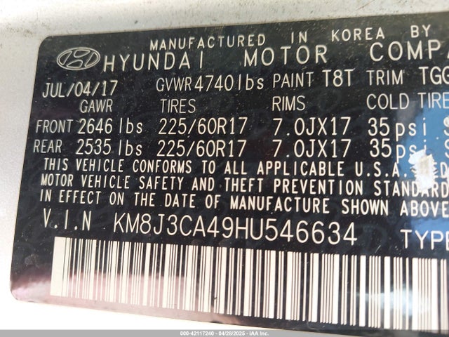 KM8J3CA49HU546634 Hyundai TUCSON SE