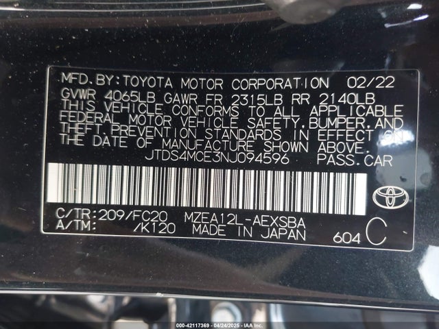 JTDS4MCE3NJ094596 Toyota COROLLA SE