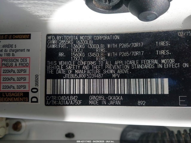JTEBU5JRXF5239487 Toyota 4runner Sr5 Premium